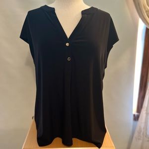 Anne Klein black short sleeve blouse with gold buttons.